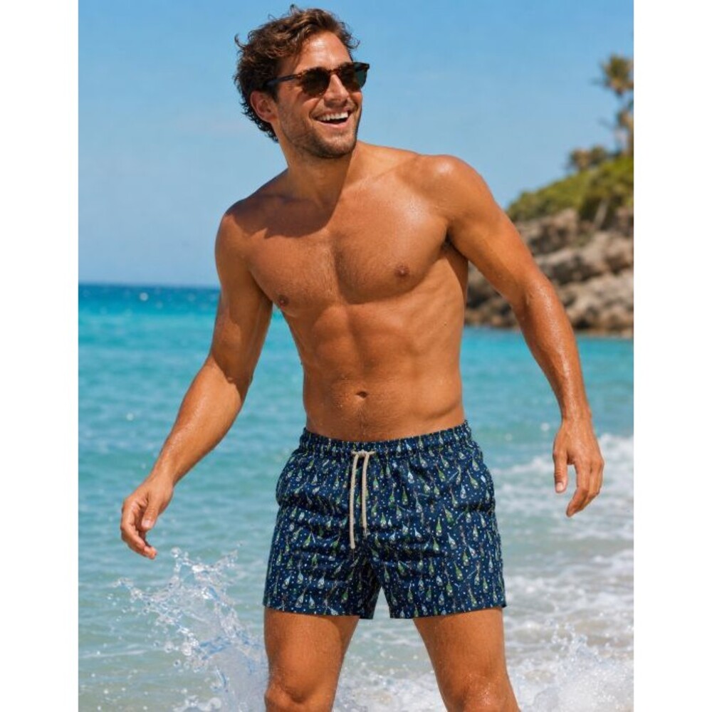MC2 Saint Barth Swim Shorts Mens M Blue Champagne Bottle Print Italy Sabrage